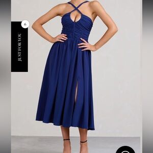 BNWT Club L London LADY LOREN
NAVY RUCHED CROSS-STRAP SPLIT MIDI DRESS Size 6